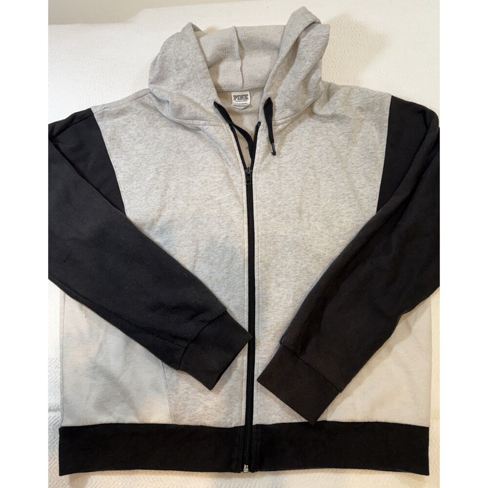 PINK Womens S Gray Black Fleece Cotton Blend Full Zip Hoodie Logo Colorblock